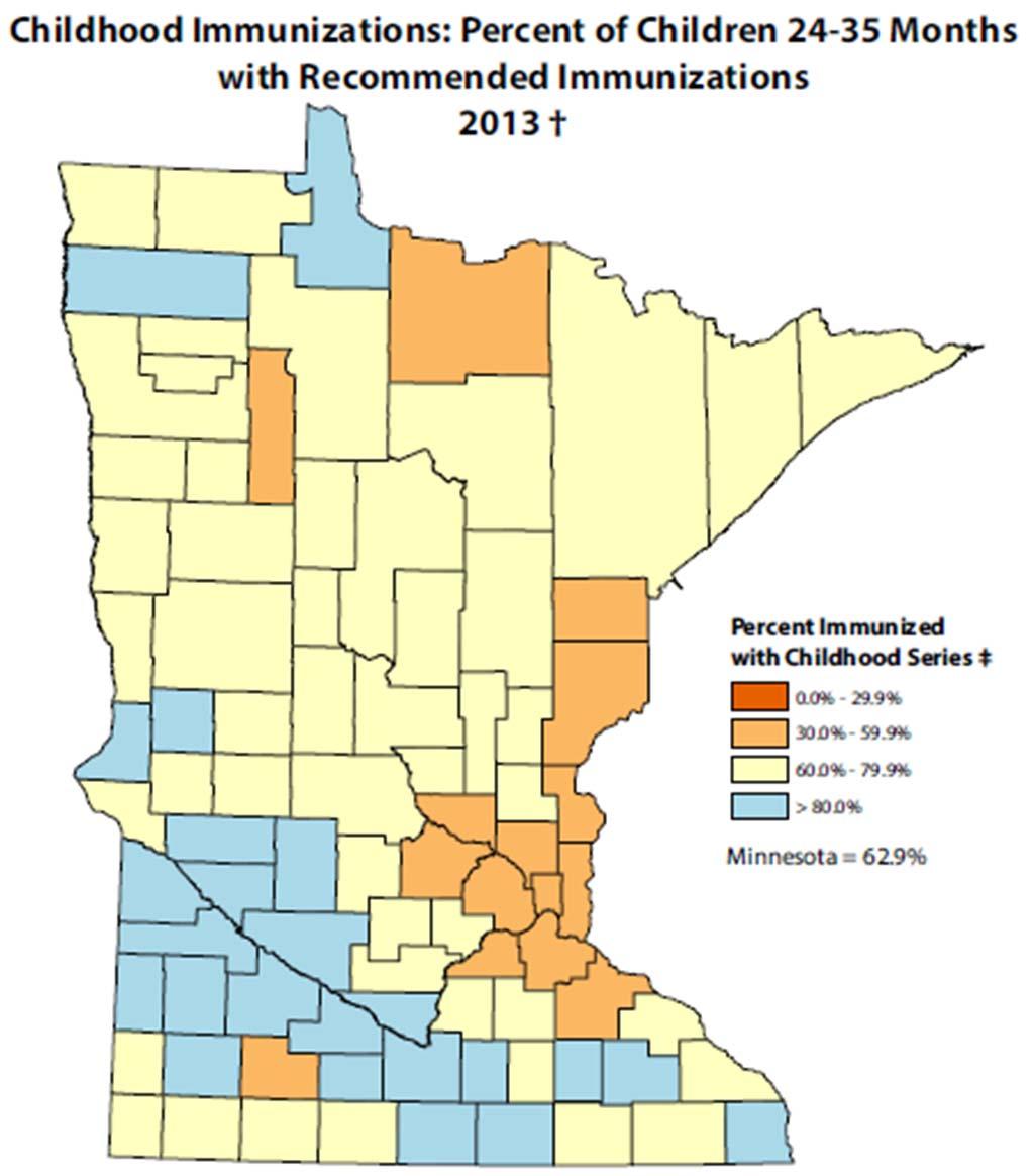 Prevention (Minnesota) Childhood Immunizations Notes: The map displays the percentage of children receiving immunizations in the childhood series.