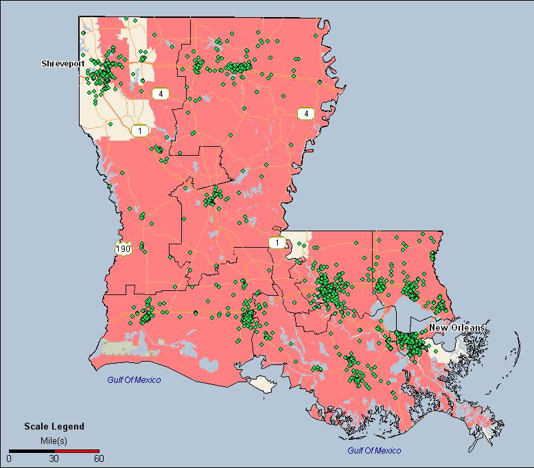 LPCs and 2010 Mental Health Professional Shortage Areas (MHPSAs( MHPSAs) -- Louisiana Federallydesignated