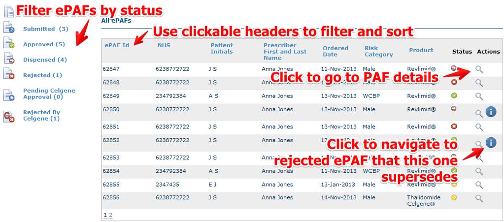 results by epaf status Use clickable headers to additionally filter and sort epafs