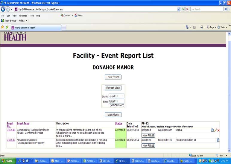 FACILITY ABC DOH reviewers may accept both the event and PB-22, reject both the event and PB-22, accept the event but
