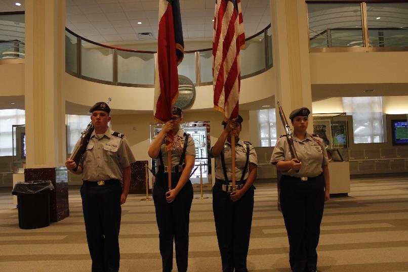S Flag) C/SGT Jennifer Upchurch (Texas Flag) C/SGM Allison Richmond (Texas Guard) CHS JROTC Color Guard presenting the