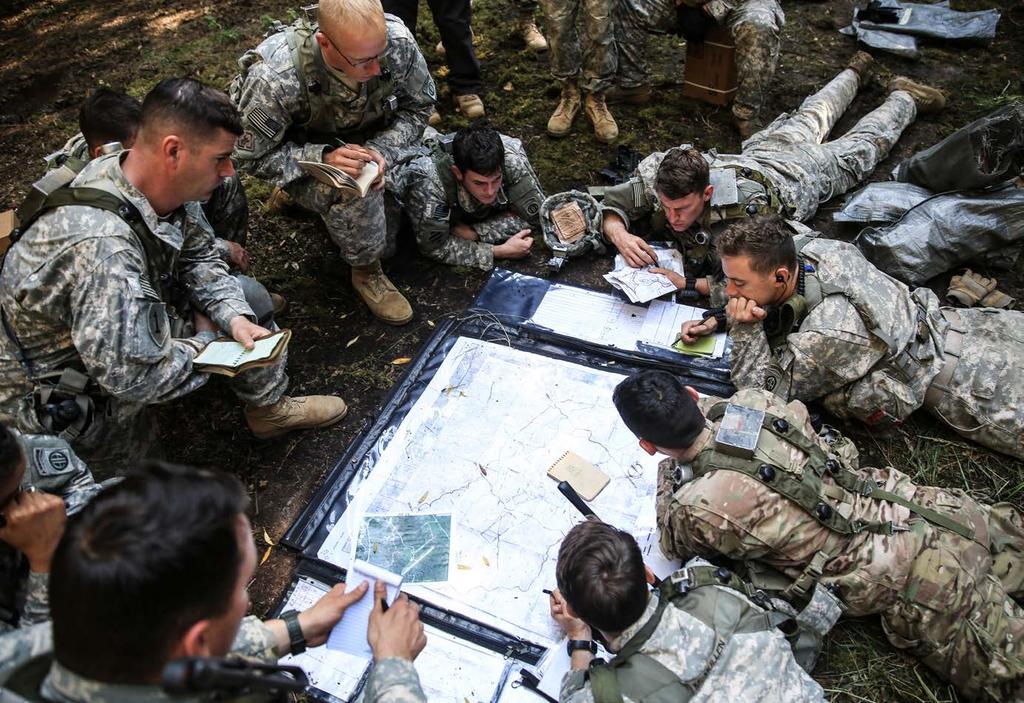 Soldiers with the 2nd Battalion, 501st Parachute Infantry Regiment, 82nd Airborne Division, conduct a mission analysis brief during Swift Response 15 on 29 August 2015.