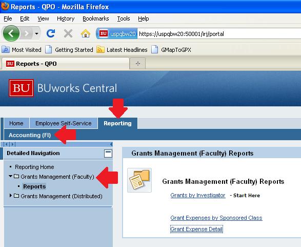 Directions 1. Go to http://www.bu.edu/buworkscentral, Click on Reporting, then Accounting (FI), Grants Management (Faculty) folder and there you will see three reports. 2.