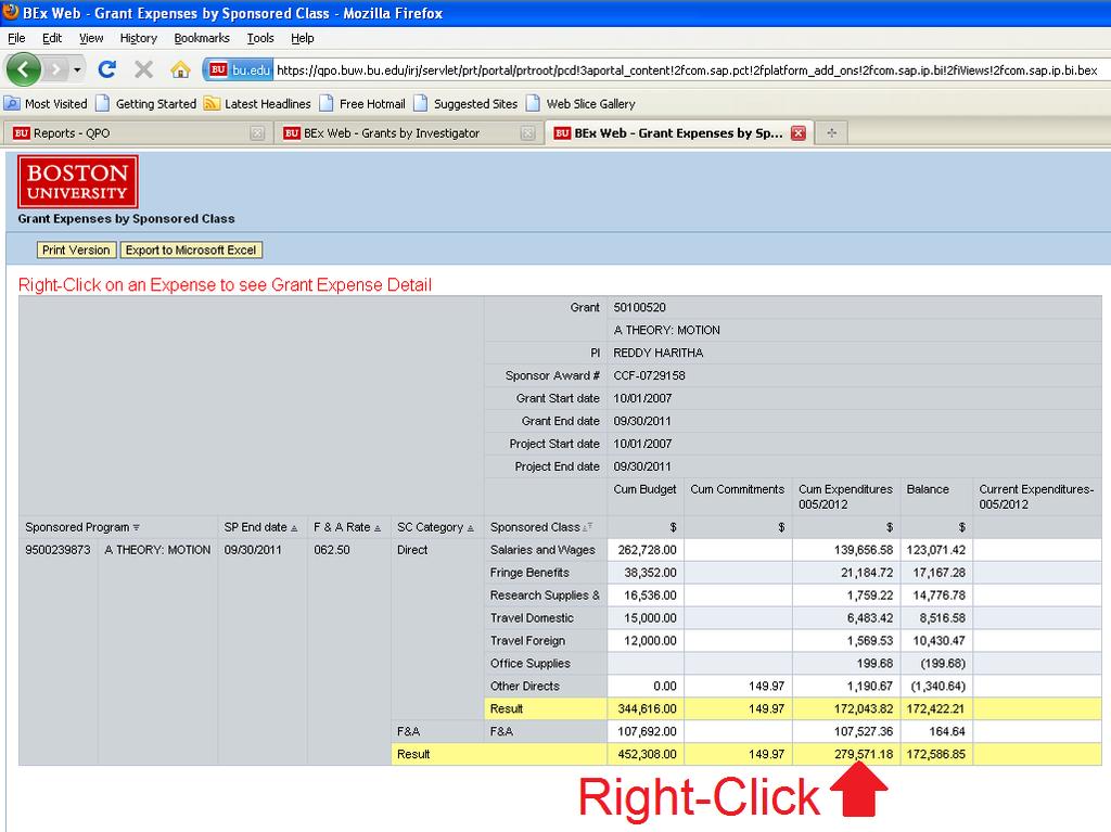 6. To view Grant Expense Detail, Right-click on the expense you wish to examine.
