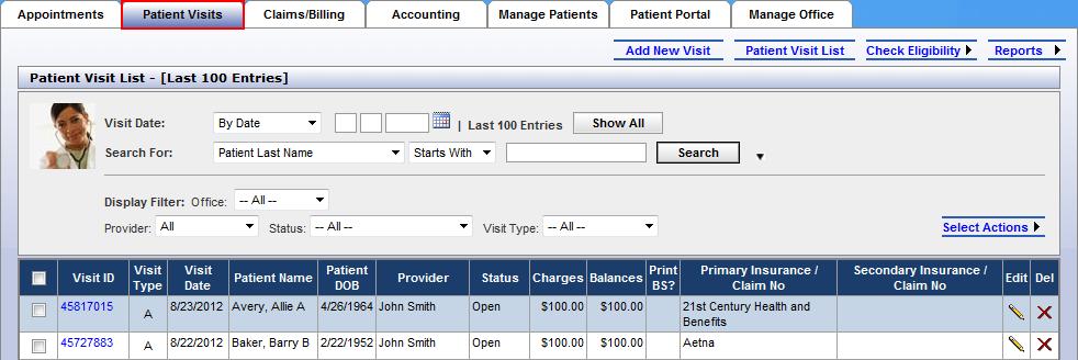 When you access the Patient Visits Tab, you will see a list of visits that have been created. The visits are listed by visit date.