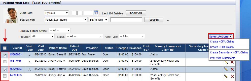 The check box in the column header will select all items in the page. Practice Mate will check the claim data automatically to ensure that all standard requirements are met.
