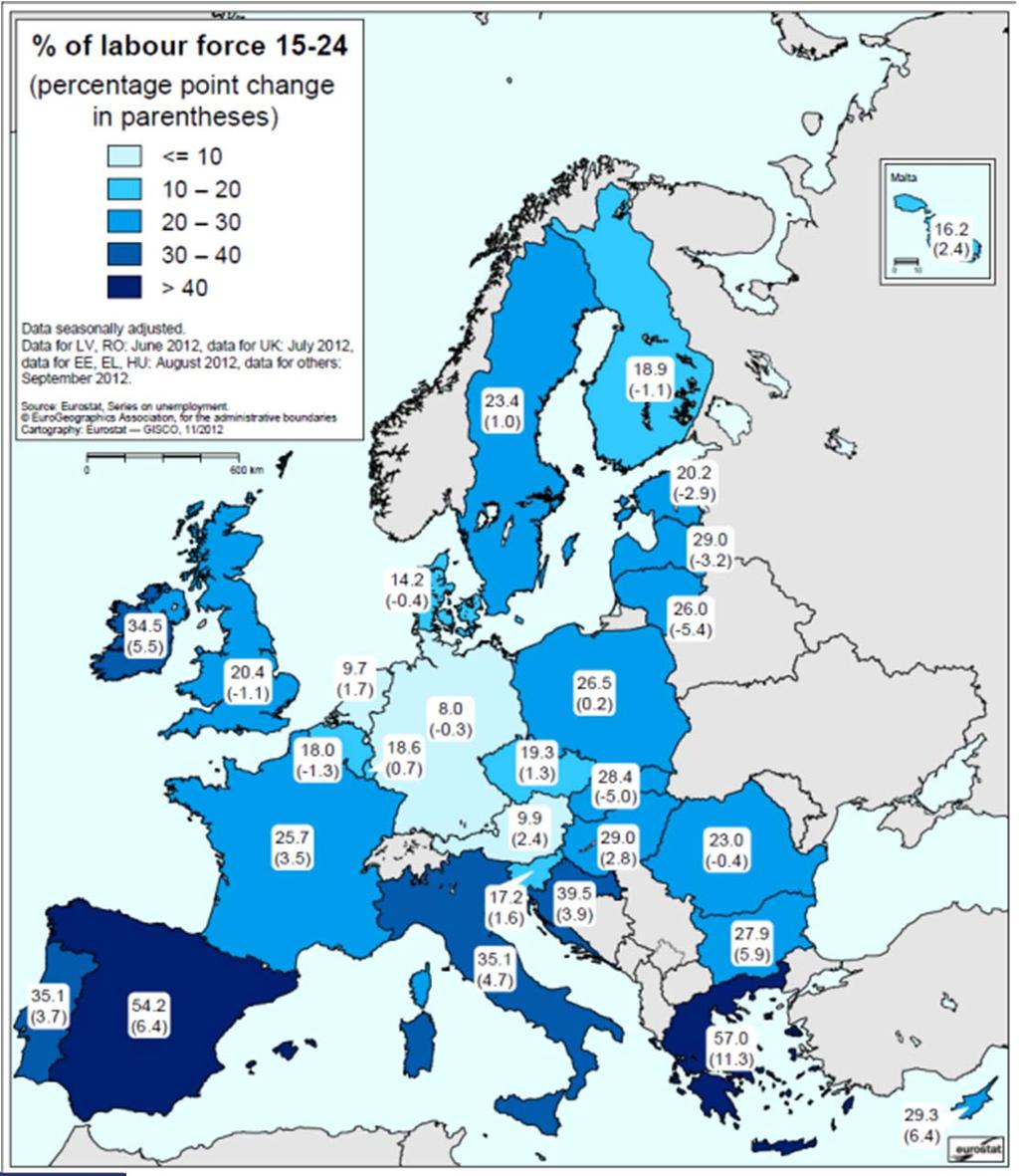Youth unemployment rates and year-on-year changes, 09/12 Greece, Spain > 55% Italy,