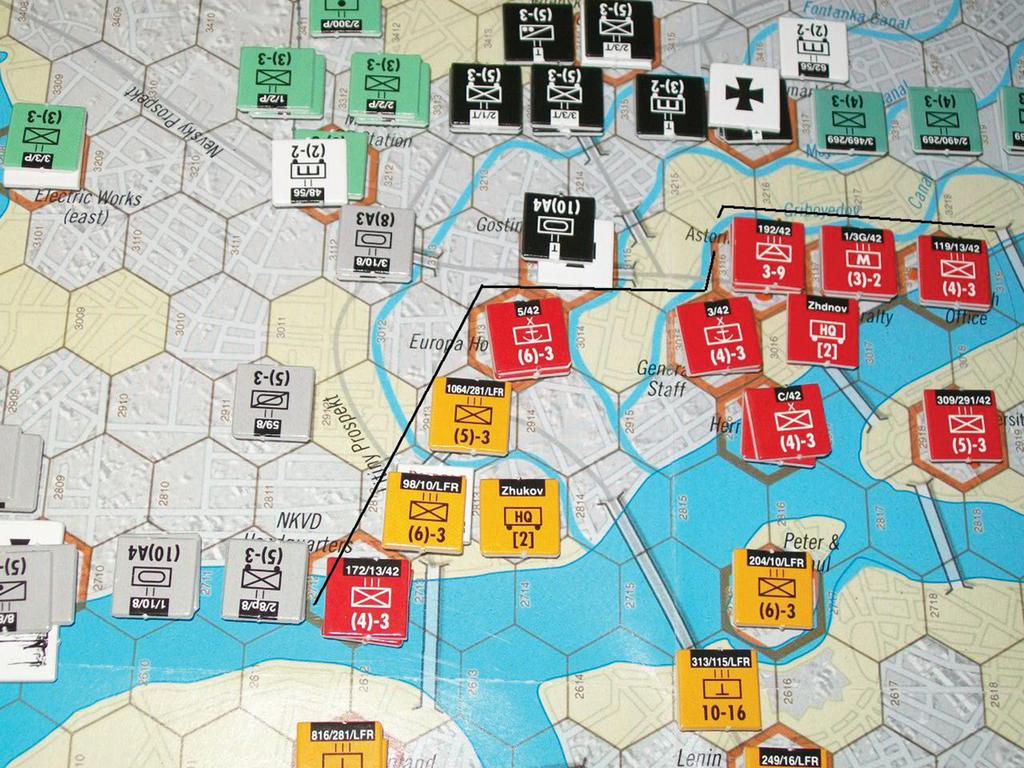 Photo11 T8a Game Turn 9 Three units from 56 th Corps are received as reinforcements, and two replacements bring back two infantry battalions. A major air strike is aimed at the NKVD HQ.