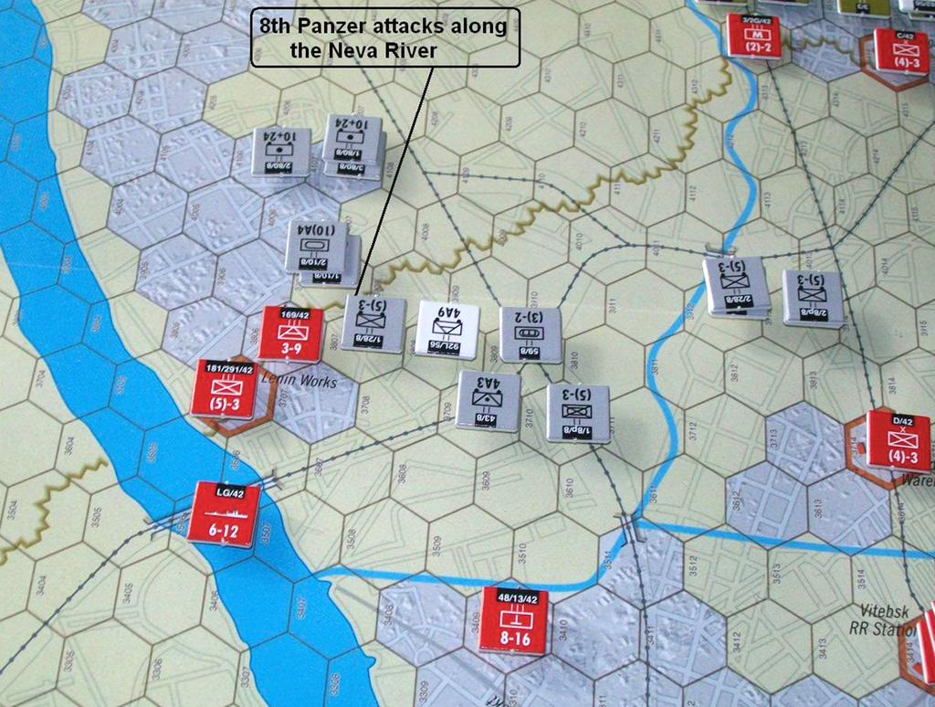 Photo 4 T2b by artillery, fire at the Soviet forces in the Badayev warehouses. Again the offensive fire comes to naught due to bad die rolls. The defenders also had plus-three DRM for the terrain.