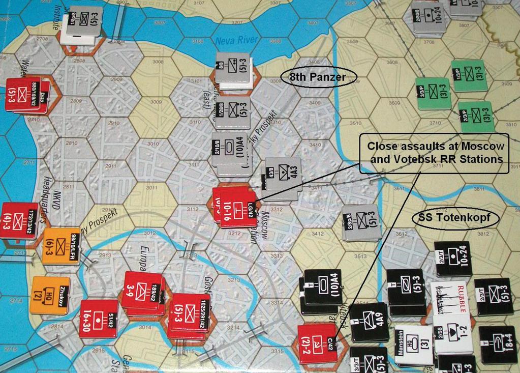 Photo7 T5a Moscow & Vitebsk Station (See Photo7 T5a) The Soviet player receives four units for 42 nd Army as reinforcements. The 269 th Infantry Regiment is deployed at the Hay Market.