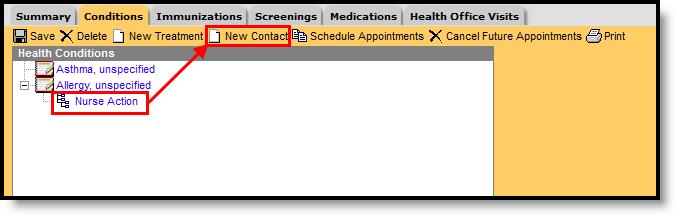 Image 7: Health Condition Treatments - Contact Record Entering Contact Records 1. 2. 3. 4. 5. Select the New Contact icon from the action bar. A Contact Detail editor displays.