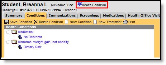 Image 2: Health Condition - EMT Symbol Conditions and treatments can be added for a student AFTER the Condition List and Treatment List are populated in System Administration.