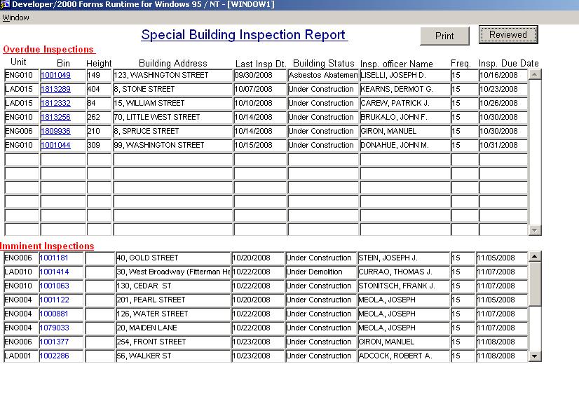 FDNY BISP Inspection Tracking Provides local fire units with a list