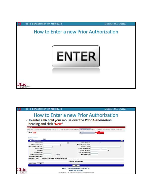 118 Resources on How to Enter a Prior Authorization To view the PA webinar, please go to http://medicaid.ohio.gov/providers/ Training/BasicBilling.