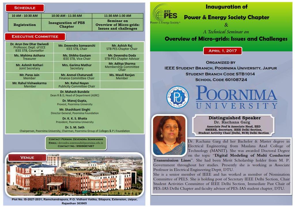 Inauguration of PU IEEE PES Branch Chapter & Technical Seminar- 1 st April 2107 Report Program Card Registration