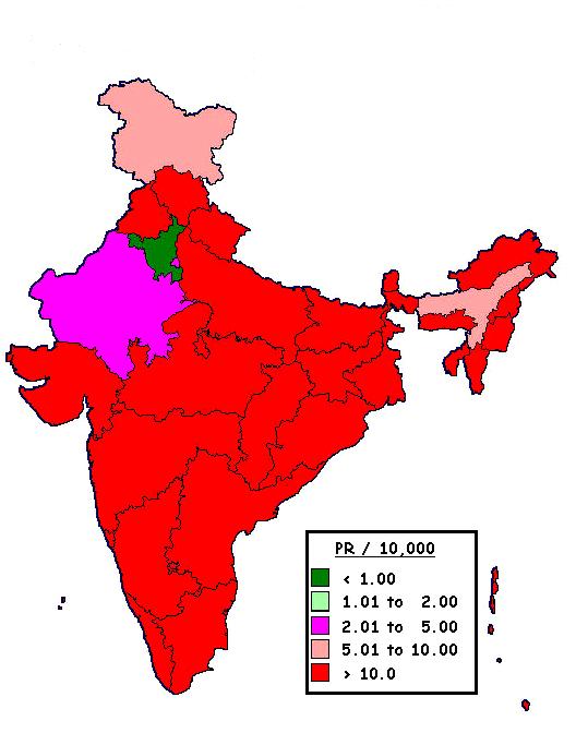 Leprosy Situation in India The goal of leprosy elimination at National level (i.e. PR of <1 case/10,000 population) as set by National Health Policy 2002 had been achieved in the month of December 2005.