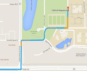 2. Bruce B. Downs Blvd & USF Pine. (Map below) When on Bruce B. Downs turn ONTO USF Pine Drive and follow the road to the left. Turn RIGHT on USF Alumni Drive, then turn LEFT onto USF Magnolia.