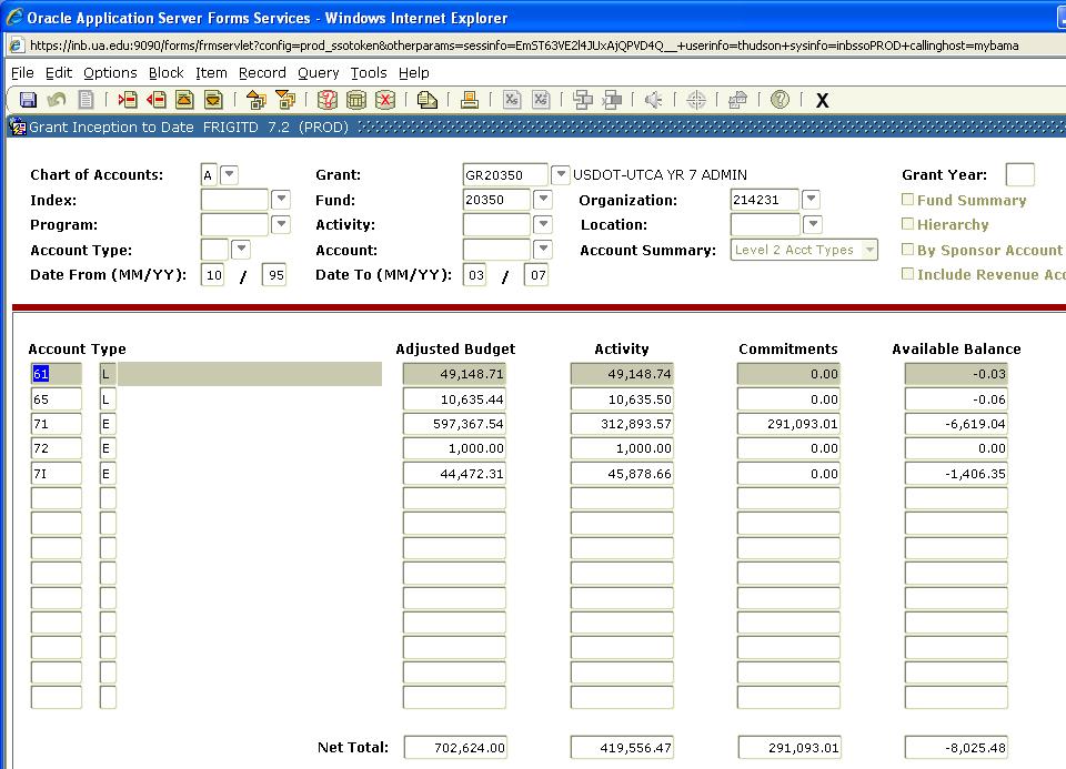 Level 2 Acct Type Summary of FRIGITD example: Click on drop down arrow, change to Level 2