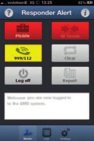 The on-screen application displays 6 buttons, for example, Time mobile, Time at scene and Time Clear, and each button can be selected by the responder when appropriate.