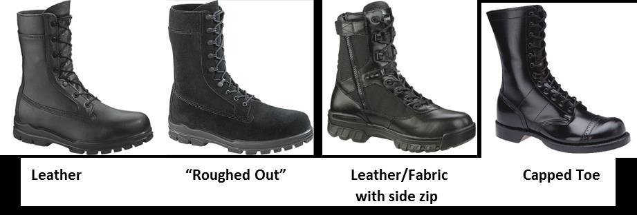 ODU Boots Black Boots Only Black leather Smooth or roughed out (suede) May be black leather with black fabric uppers May have zipper closure