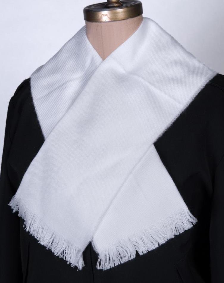 All-Weather Coat and White Scarf White Scarf: Plain design made of knitted or woven silk, rayon, or synthetic