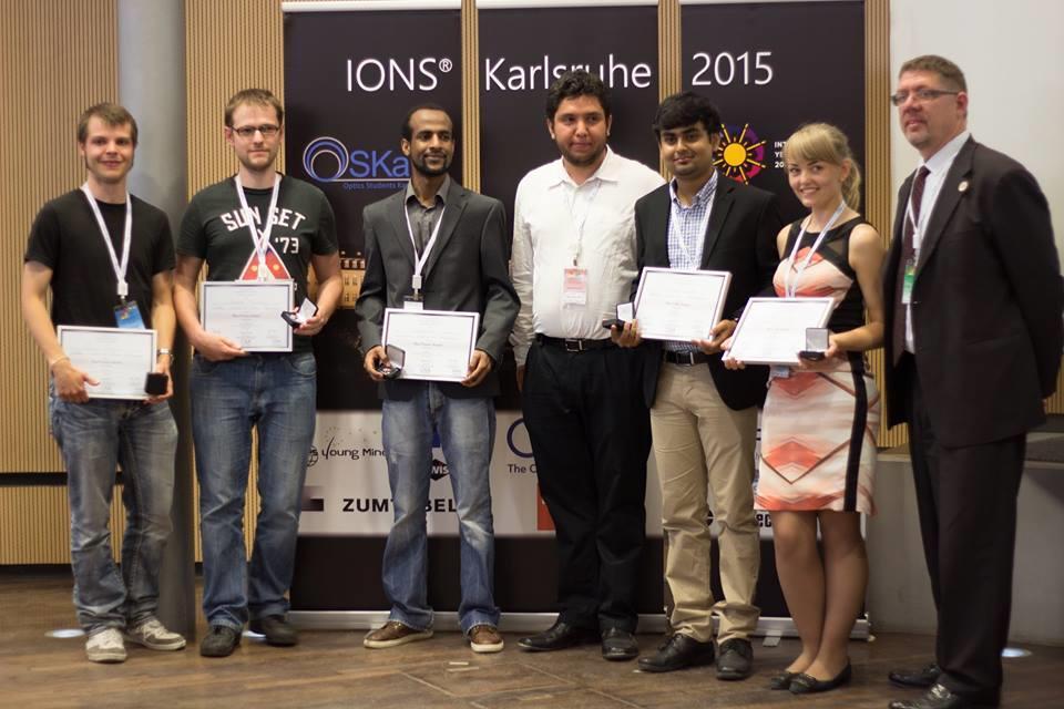 Marta Lange also won 3 rd prize as the best talk in IONS Karlsruhe 2015, Germany. Winners of the best talk and best poster awards together with OSA and OSKar representatives.