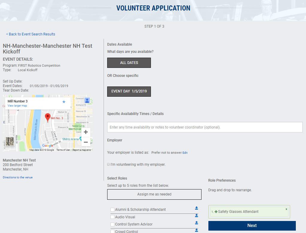 Volunteer Application Step 1 Select your available dates and enter any notes in the Specific