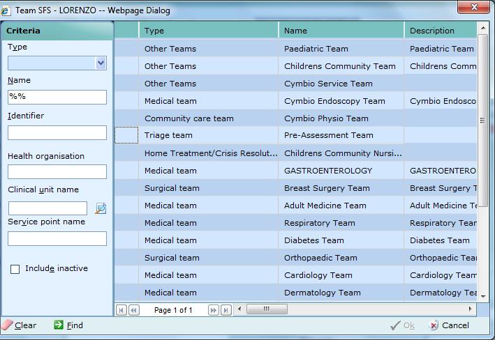 56. The Team search window opens 57. In the Name field, enter the name of team you want to assign the patient to for their pre op appointment i.e. Preop Team.