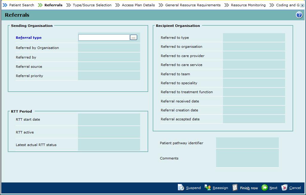 The Referrals screen is displayed Click on the Search For Select (SFS) button against the Referral type field Note: any existing referral that the patient has will prepopulate