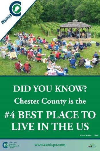 Progress Goal #1 Strategy 1.1.1 Document the value of quality of place Results: Independent validations of Chester County s quality of place are consistently assembled and included in County marketing activities.