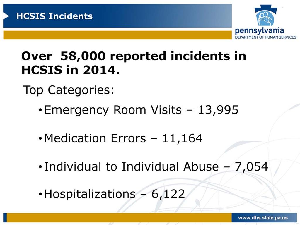 16 There were over 58,000 incidents reported in HCSIS in 2014. It is important to note that this is not a 1:1 comparison.