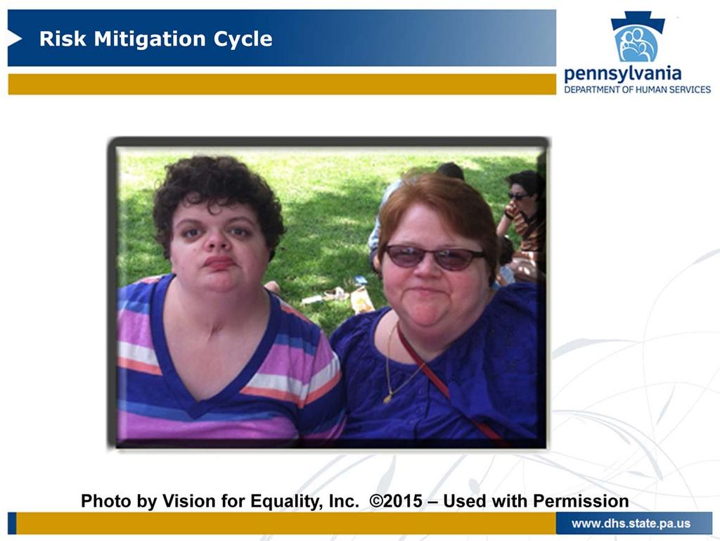 23 Here is an example to demonstrate the risk mitigation cycle. Cathy attends pre vocational program and is supported by a staff person named Becky.