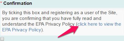 7. When you have completed the Applicant Registration form, you must read the EPA Privacy Policy as shown in the screenshot below.