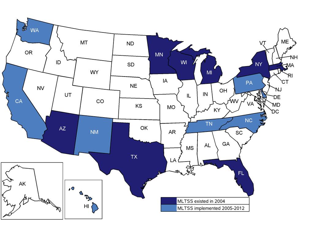 STATES WITH MANAGED CARE THAT INCLUDED LTSS AND ENROLLED DUAL ELIGIBLES GREW FROM 8 TO 16, 2004-2012 Source: CMS, 2012.
