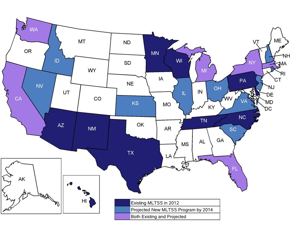 26 STATES ARE PROJECTED TO HAVE MANAGED CARE THAT INCLUDES LTSS AND ENROLLS DUAL ELIGGIBLES BY 2014 Source: CMS, 2012.