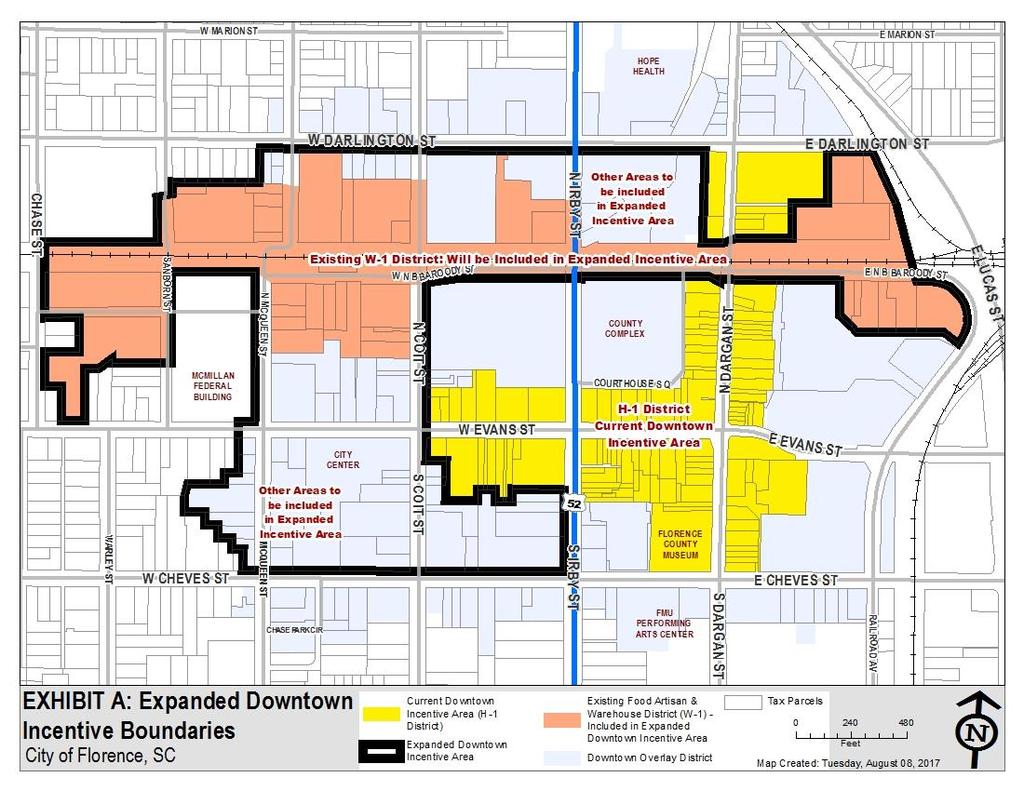 DOWNTOWN FLORENCE INCENTIVES Revised 8/2017 The City of Florence desires to encourage appropriate redevelopment work within the City s Historic Overlay District (H1) as well as the W1 Artisan and