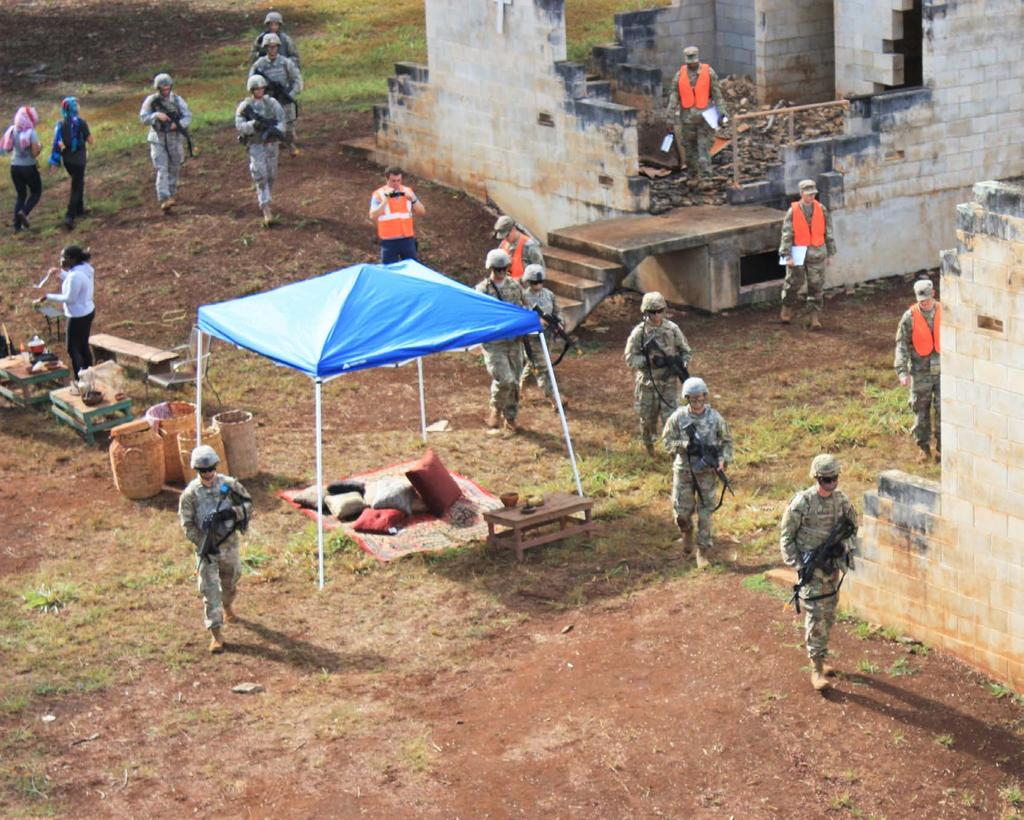 A squad patrols the MOUT site at Schofield Barracks as part of Squad Overmatch training. Soldiers played the roles of villagers, key leaders, and insurgents in the exercise.