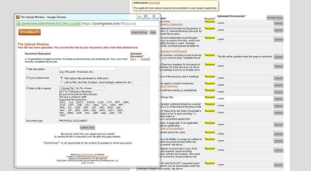 ZoomGrants Required Documentation Tab File Upload