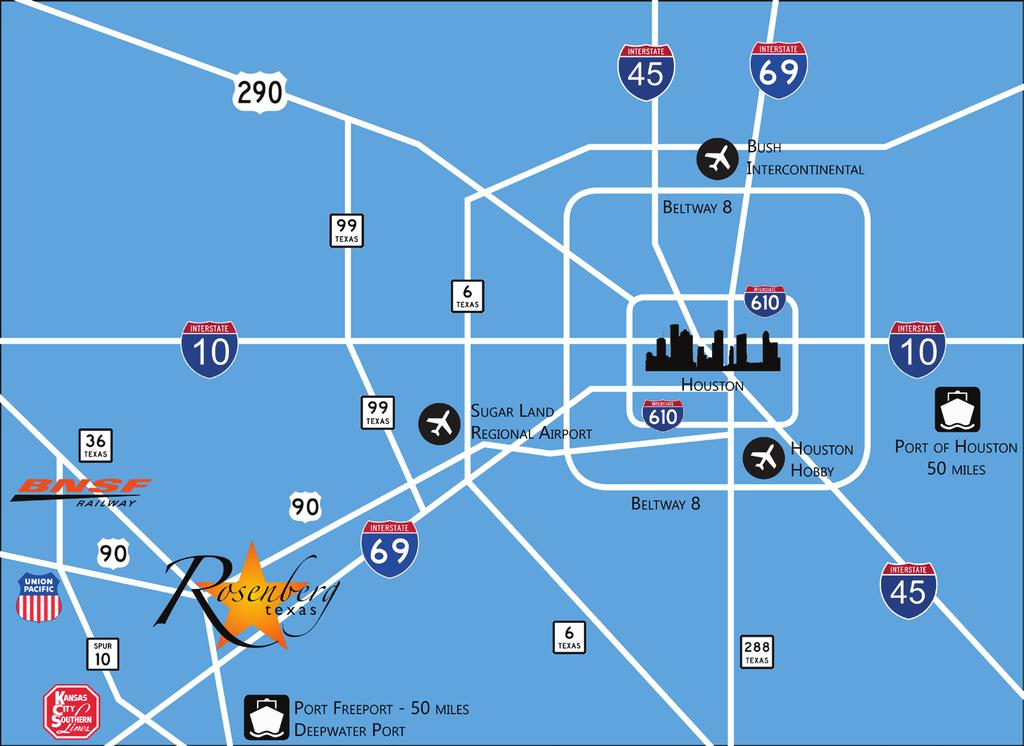 Bush Intercontinental Airport and Houston Hobby Airport are within an hour s drive and three major rail lines serve the City Burlington Northern/Santa Fe, Union Pacific and KC Southern.