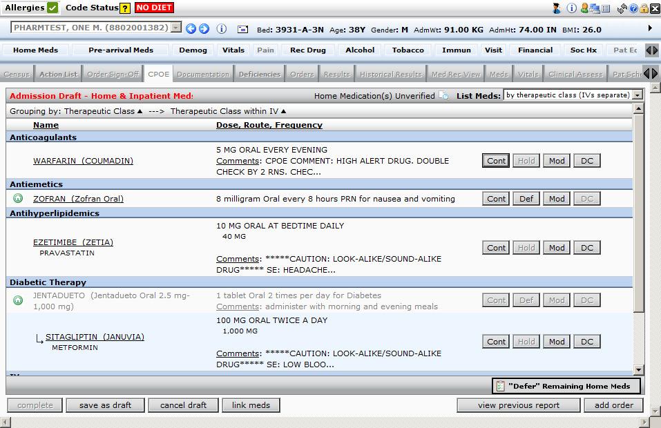 Medication Reconciliation Admission and Transfer Med Reconciliations Click the CPOE tab, then Medication Reconciliation. Click the green start button for the Admission Med Rec.
