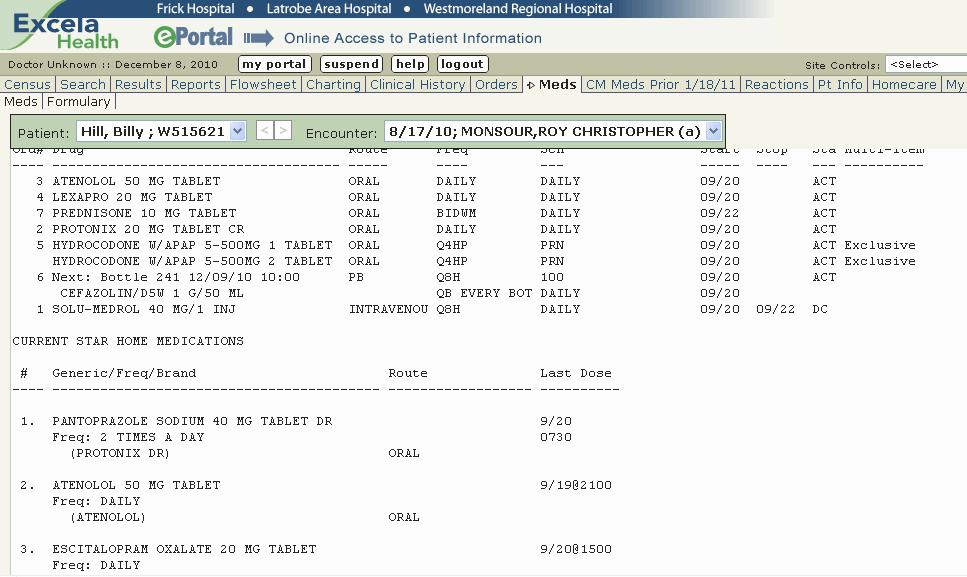 EXCELA HEALTH Education Med Reconciliation History Found in eportal CM Meds Prior 1/18/11 tab contains: Name, MR # Visit Date, Physician Name Medications from the