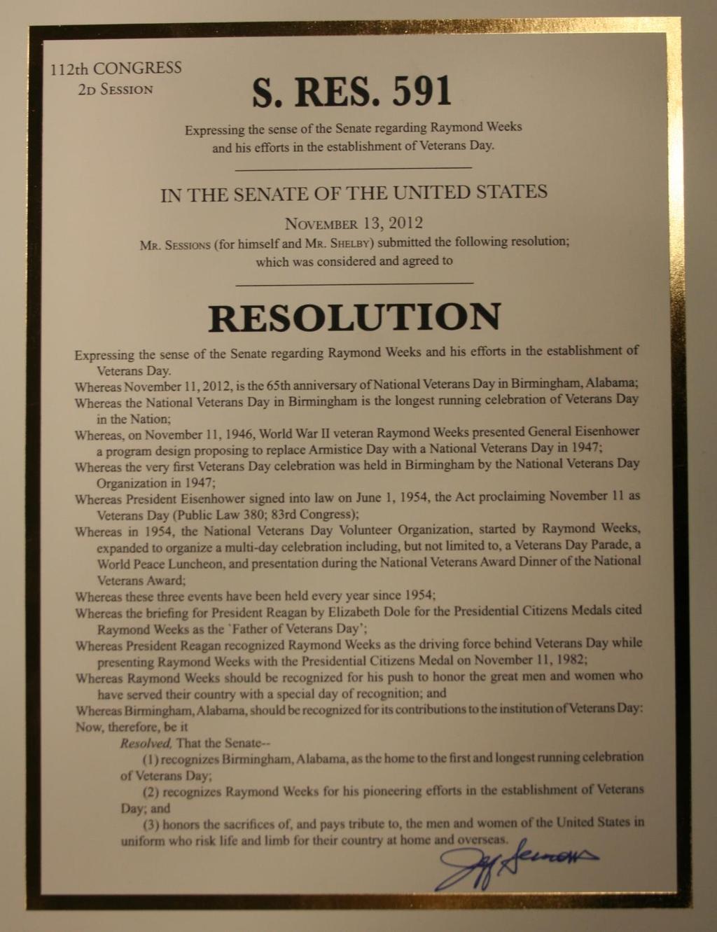 U.S. Senate Resolution passed affirming Birmingham, Alabama, and Mr.