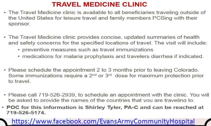 TRAVEL MEDICINE CLINIC (FLYER) WARRIOR TRANSITION FORUM A Warrior Transition Forum takes place Dec. 6 from 9 a.m. to noon at McMahon Auditorium.