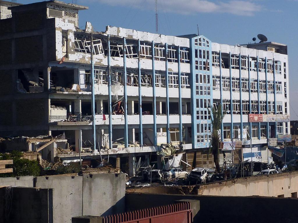 A U.S. Army Criminal Investigation Command photograph of a Ministry of the Interior building that was damaged during an insurgent attack in the Kandahar area of Afghanistan.