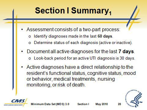 Section I Active Diagnoses II. Section I Summary A. Look-back periods for diagnosis and active diagnosis B. Definition of an active diagnosis Slide 27 Slide 28 C.