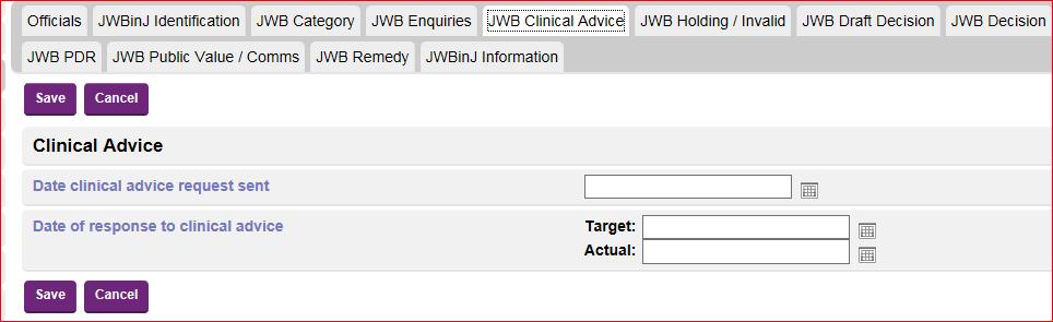 JWB Clinical advice Use this screen to record all clinical advice requests.
