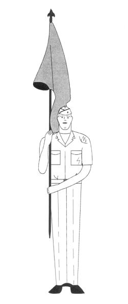 FIGURE 8 Navy and Marine Corps On the preparatory command, such as Forward, the guidon is raised vertically over the head until the right hand is in line with the right shoulder, and the right elbow