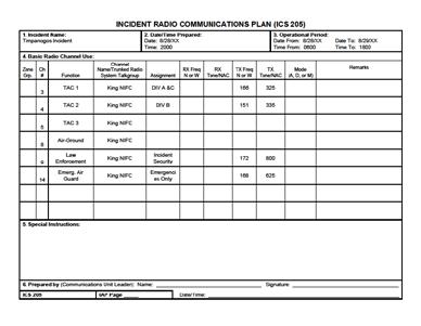 ICS Form 205 Incident Radio Communication Plan ICS Form 205 Incident Radio Communication Plan Visual 3-9 ICS Form 205 identifies the frequencies that are being used at the incident site.