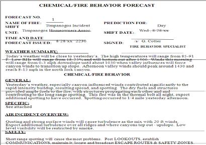 Chemical Fire/Behavior Forecast Chemical/Fire Behavior Forecast Visual 3-22 For a chemical incident, a Technical Specialist can get a plume model for the smoke from burning chemicals,