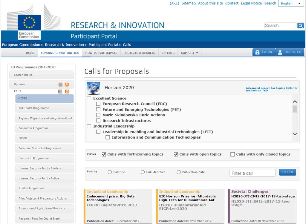 H2020 Calls database Search by